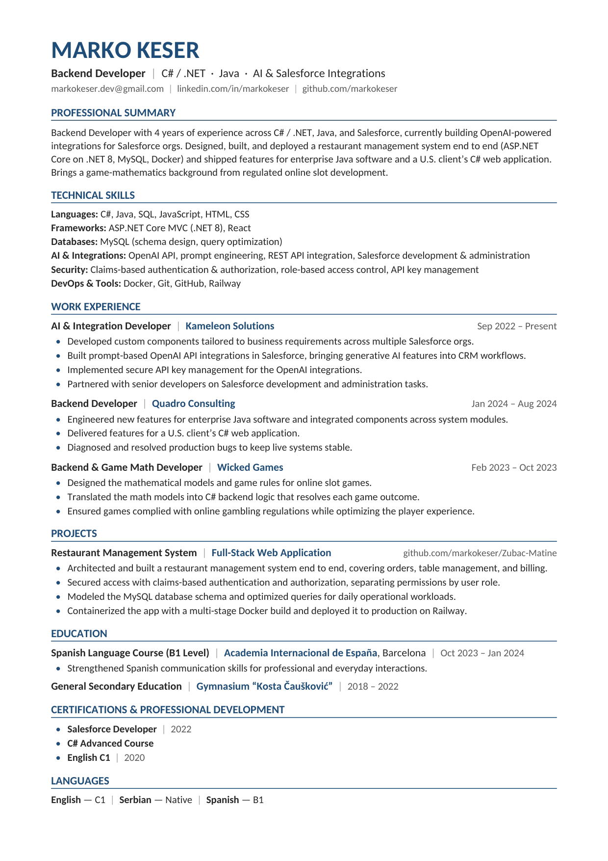 Preview of Marko Keser's CV: backend developer, C#/.NET, Java and SQL; experience at Wicked Games, Quadro Consulting and Kameleon Solutions.